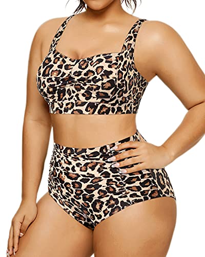 Plus Size Retro Bikini Open Back Two Piece Swimsuit For Curvy Women-Leopard