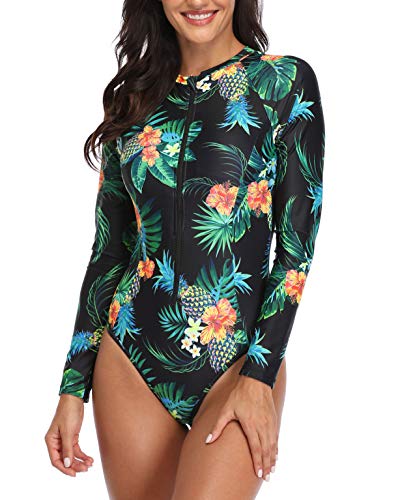 Modest Women's Rash Guard Long Sleeve Swimsuit Built-In Bra-Black Pineapple