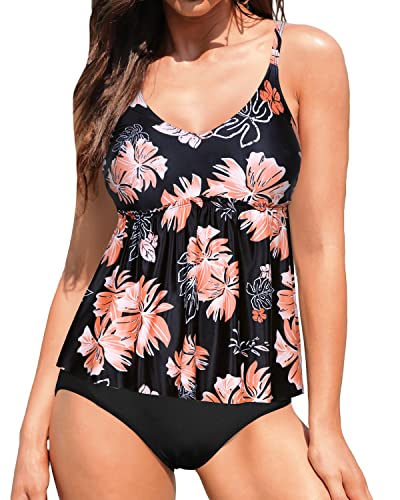 High Waisted 2 Piece Bathing Suit Blouson Tankini-Black Orange Floral