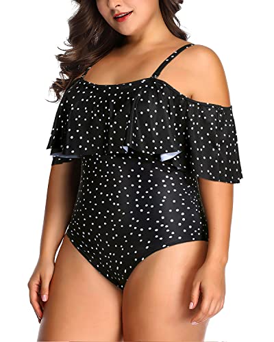 Trendy Flounce Off Shoulder Bathing Suit For Women Plus Size One Piece-Black White Dot