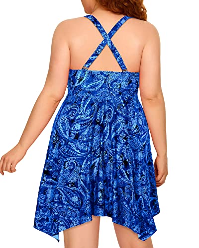 Padded Bra Tribal Slimming Plus Size Two Piece Swimdress-Blue Tribal