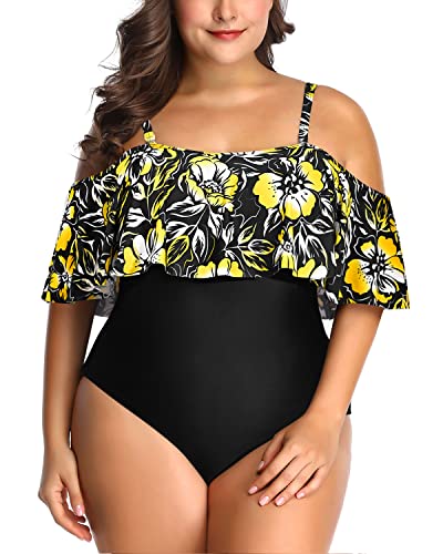 Removable Padded Bra Flounce Top One Piece Swimsuit-Black And Yellow Floral