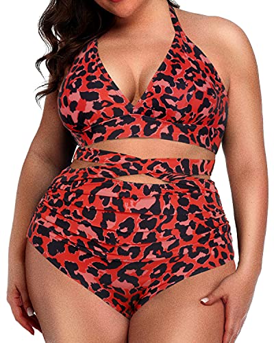 Sexy V-Neck Halter Knotted High Waisted Bikini For Plus Size Women-Red Leopard