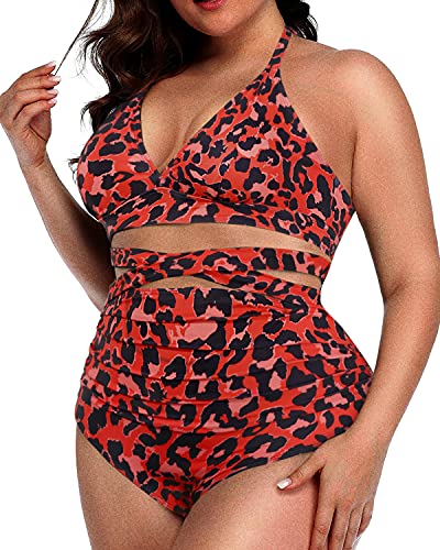 Sexy V-Neck Halter Knotted High Waisted Bikini For Plus Size Women-Red Leopard