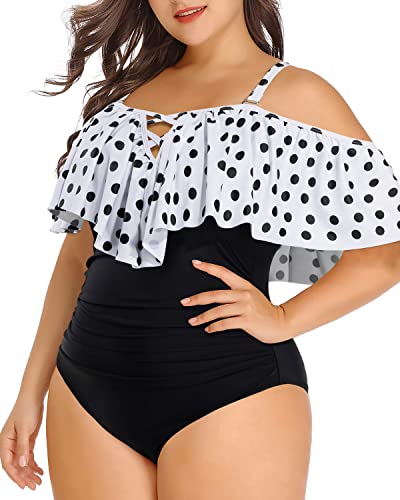 Ruched Tummy Control Women Plus Size One Piece Swimsuits-White Black Polka Dots