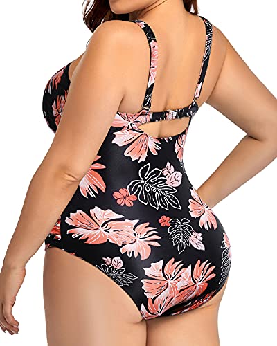 Removable Padded Push Up Bra Swimsuits For Plus Size Women-Black Orange Floral