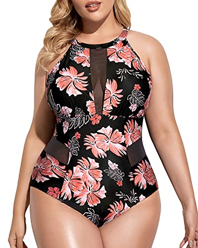 Fashionable High-Neck Cut-Out Bathing Suit For Plus Size Women-Black Orange Floral