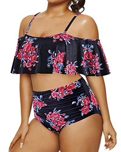 Ruffle Flounce Two Piece Swimsuits For Women Plus Size Bikini Set-Black Floral