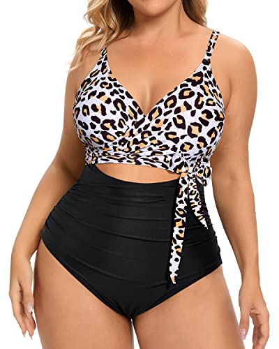 Backless High Waisted Tummy Control One Piece Swimwear-Black And Leopard