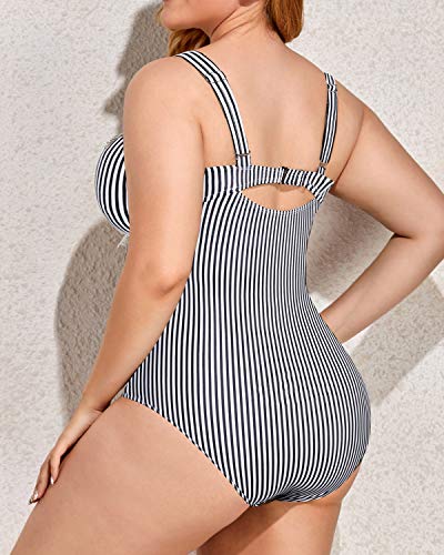 Modest Tummy Control Slimming Plus Size One Piece Swimsuits-Black And White Stripe