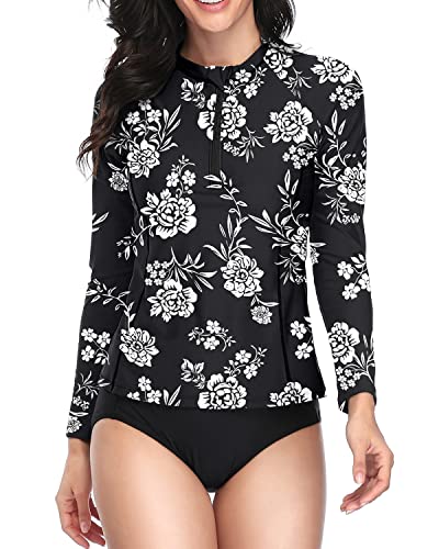 Ladies Upf 50+ Zipper Rash Guard Swimsuit-Black And White Floral