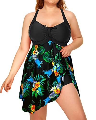 Sexy Cross-Back Flowy Tankini Swimsuits For Plus Size Women-Black Pineapple