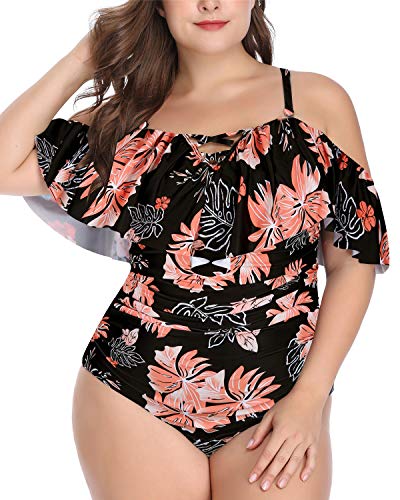 Off Shoulder Ruffled Plus Size One Piece Swimsuits-Black Orange Floral