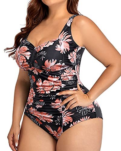 Removable Padded Push Up Bra Swimsuits For Plus Size Women-Black Orange Floral