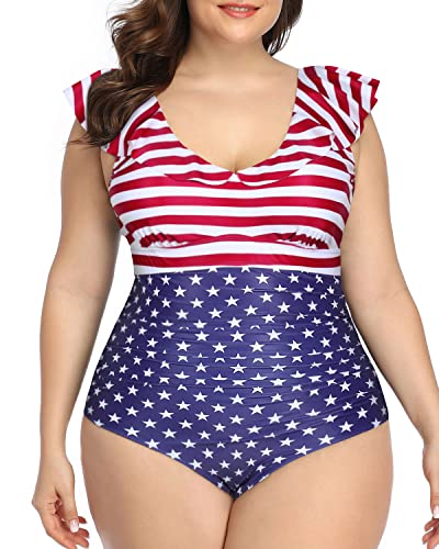 Flounced Ruffled Plus Size One Piece Swimsuits-National Flag