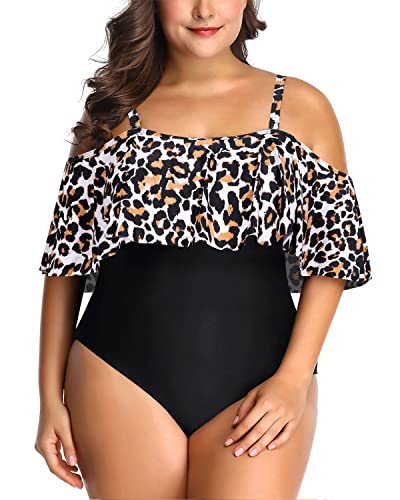 Adjustable Strap Ruffle Tummy Control Bathing Suit-Black And Leopard