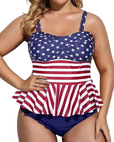 Tummy Control High Waisted Two Piece Plus Size Swimsuit-Us Flag