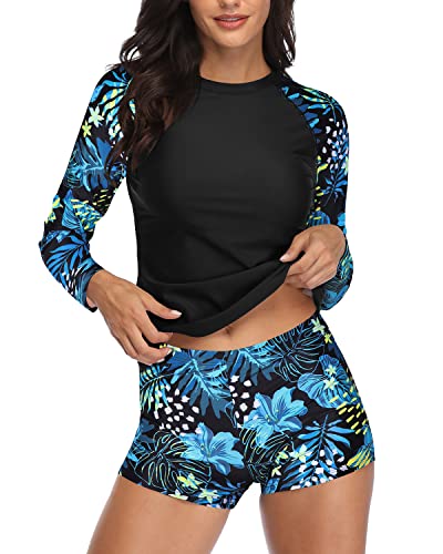 Women's Boyshort Bathing Suit Rash Guard Top-Blue Leaf