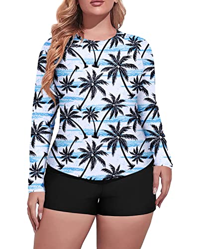 Women's Plus Size Rash Guard Swim Shirt Boy Short Bottoms-Black Palm Tree