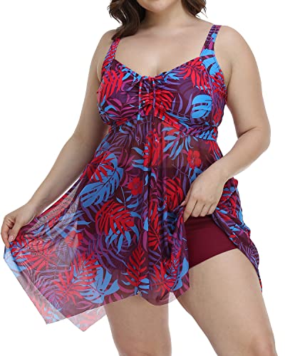 Retro Mesh Two Piece Swim Dress Boyshorts For Plus Size Women-Purple Leaf