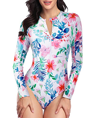 Women's Zipper Rash Guard Long Sleeve Surfing Swimsuit-White Floral – Daci