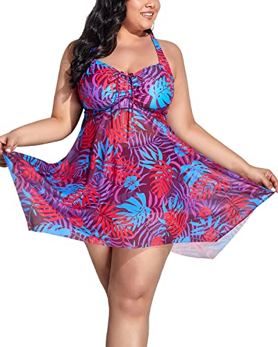 Retro Mesh Two Piece Swim Dress Boyshorts For Plus Size Women-Purple Leaf