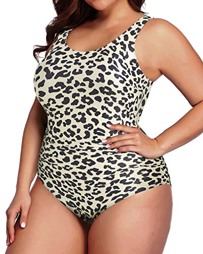 Athletic Tummy Control Ruched One Piece Swimsuit For Plus Size Women-Leopard