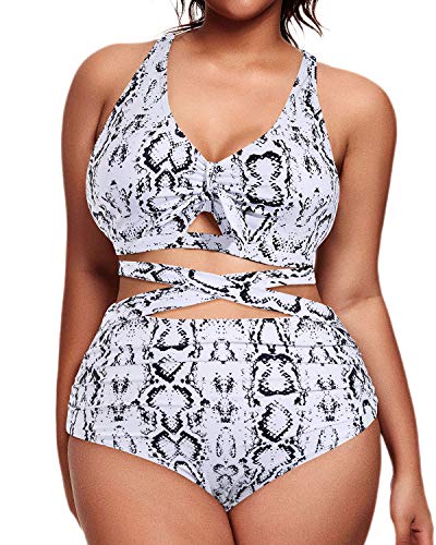 Flattering High Waisted Bikini Plus Size Tie Knot Bathing Suit-Snake Print