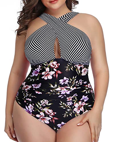 Front Cross Backless Plus Size Swimwear For Women-Stripes And Flowers