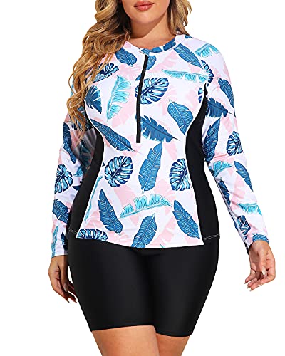 Plus Size Long Sleeve Zip-Front Rash Guard Swimwear For Ladies-White Leaf