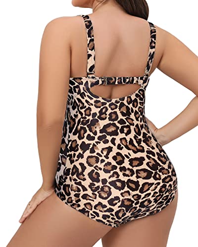 Women Retro Plus Size Tummy Control One Piece Swimsuit-Leopard