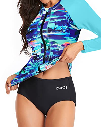 Zipper Front Two Piece Rashguard For Women-Blue Palm Tree