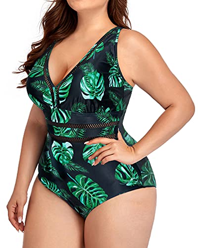 Comfortable And Attractive Plus Size Backless Bathing Suit-Black And Green Leaf