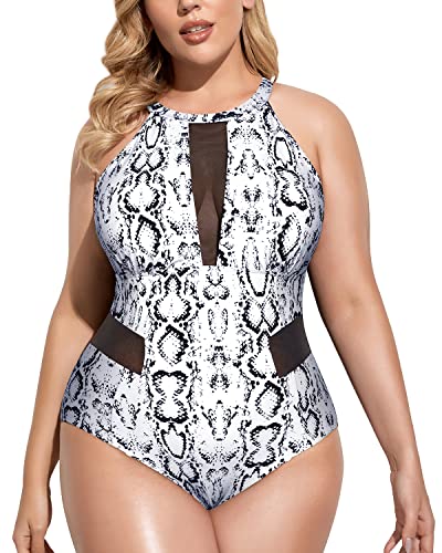 Trendy High Neck Open Back Monokini Plus Size Swimwear-Snake Print