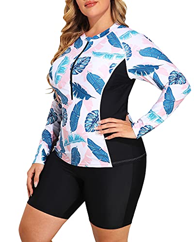 Plus Size Long Sleeve Zip-Front Rash Guard Swimwear For Ladies-White Leaf