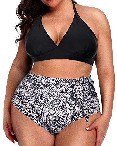 Chic And Flattering Knotted High Waisted Plus Size Bikini Set-Black And White Snake Print