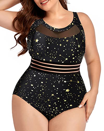 Women One Piece Swimsuits Plus Size Mesh High Neck Vintage Bathing Suits-Gold Stars