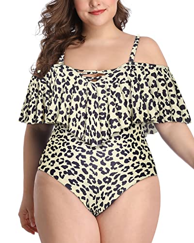 Versatile Lace-Up Cold Shoulder Plus Size Swimsuits-Leopard