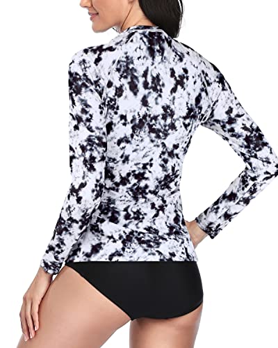 Long Sleeve Upf 50 Rash Guard Bathing Suit For Women-Black And White Tie Dye