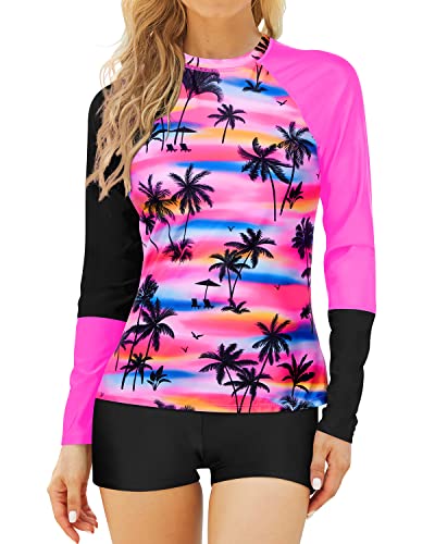 Daci Women Palm Tree Short Sleeve Rashguard Top Swim Shirt
