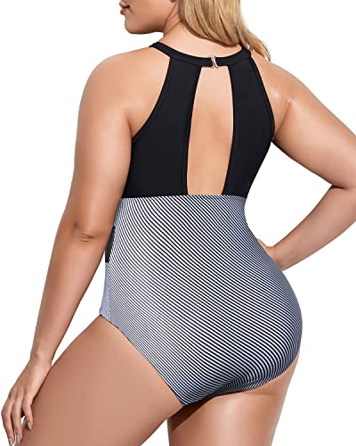 Mesh Cut Out One Piece Swimwear For Plus Size Women-Black Stripe