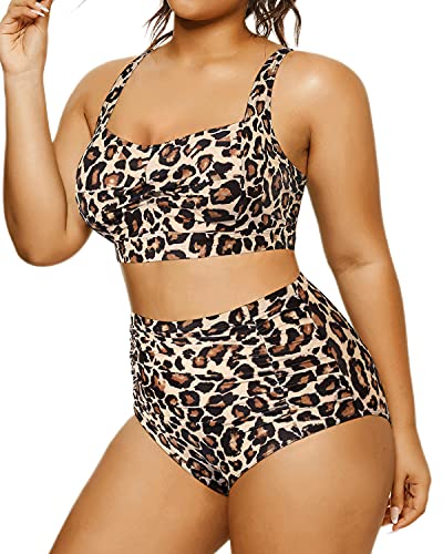 Plus Size Retro Bikini Open Back Two Piece Swimsuit For Curvy Women-Leopard