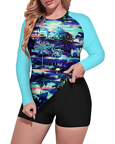 Plus Size Uv Protection Rash Guard Tankini Boy Short For Women-Blue Palm Tree