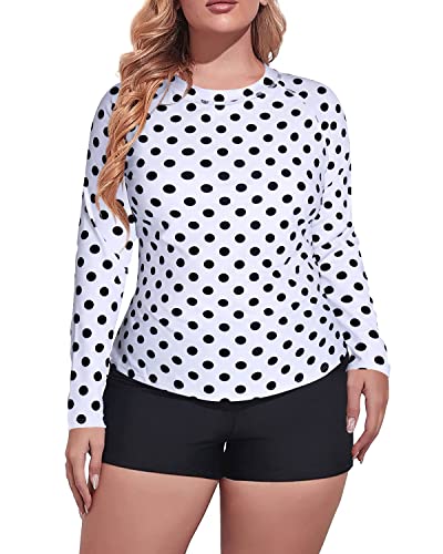 Plus Size Color Block Rash Guard Tankini Boyshorts For Ladies-Black Dot