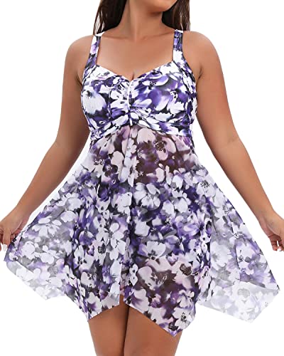 Comfortable Drawstring Tankini Two Piece Swim Dress-Blue Floral