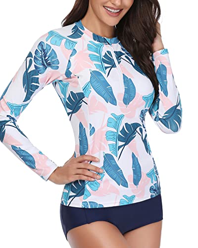 Full Coverage Two Piece Long Sleeve Rash Guard Suit For Women-Blue Pink Leaves