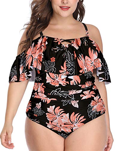 Off Shoulder Ruffled Plus Size One Piece Swimsuits-Black Orange Floral