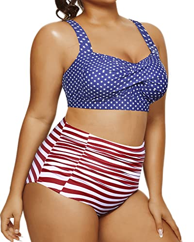 Vintage Twist Front Plus Size Swimsuits High Waisted Bikini Set Twisted Front Bikini-Flag