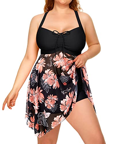 Criss-Cross Back Mesh Two Piece Swim Dress For Women-Black Floral