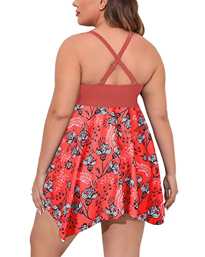 Women Flowy Plus Size Swimdress Boyshorts For Big Bust-Pink Flower